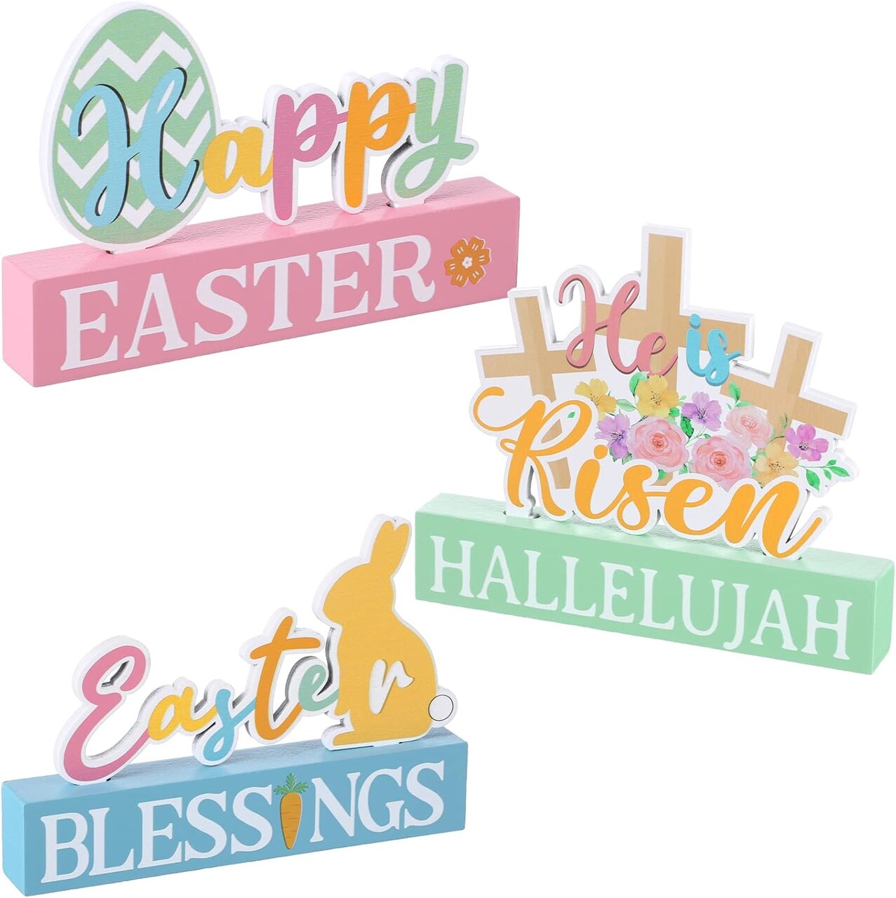 3 Pcs Happy Easter Decorations Eggs Bunny Cross Wooden Table Sign Easter Tabletop